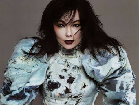 Studio portrait of musician Björk wearing an avant-garde distress-patterned high-neck dress with dramatic puffed shoulders from Alexander McQueen's Eshu collection. She looks forward with dark lip makeup and windswept dark hair.